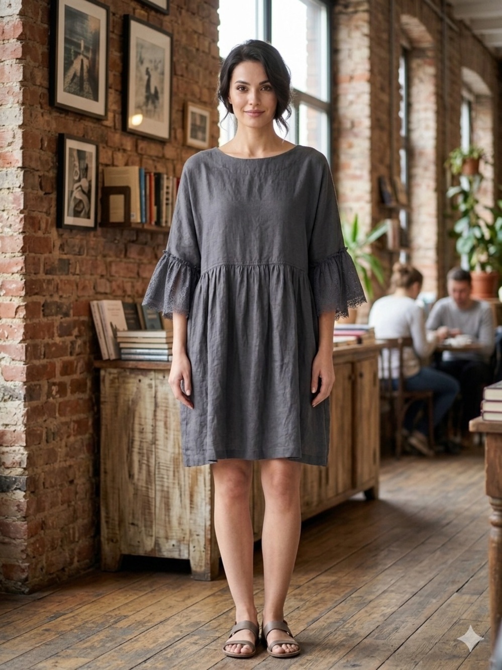 Women's Gray Linen Babydoll Dress with Lace Sleeves